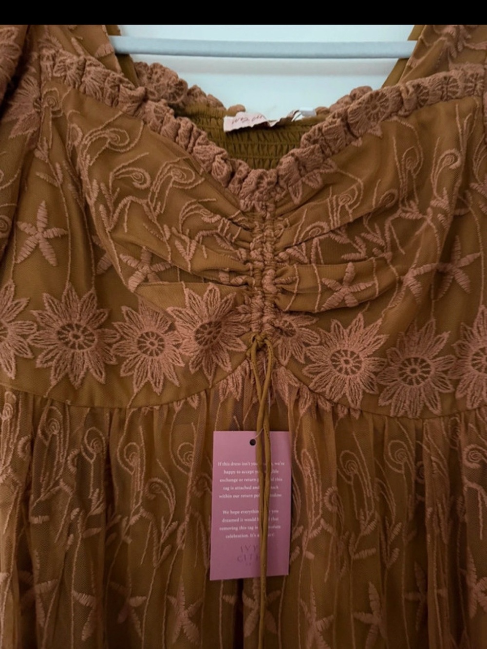 Ivy City Co Rust Brown Embroidered Ruched Front Tunic